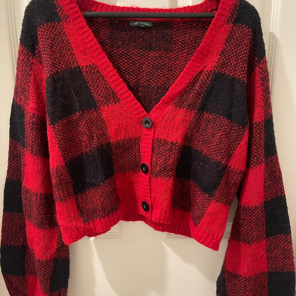 Red and Black Cropped Cardigan Sweater